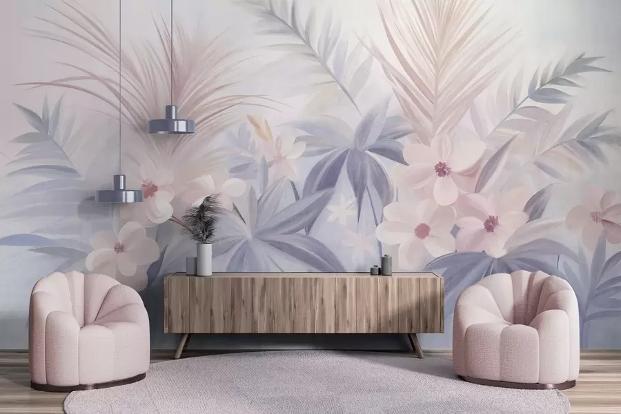 wall murals Тропско цвеће и палмино лишће у пригушеним нијансама плаве и ружичасте, стил сликања w09832
