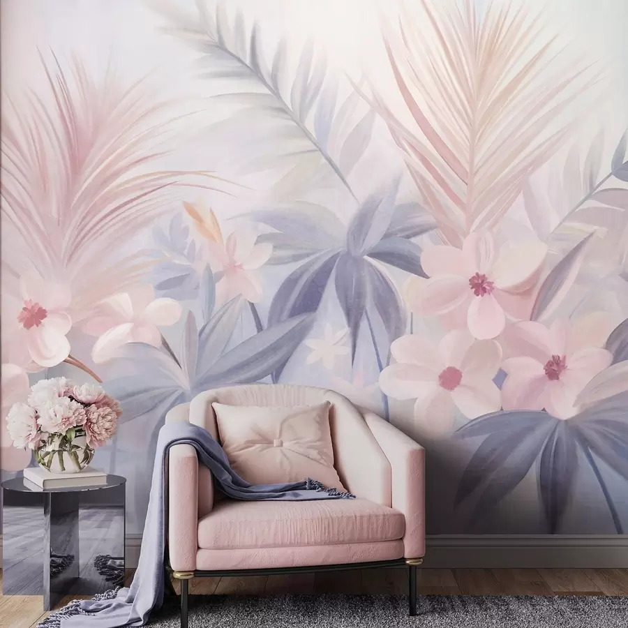 wall murals Тропско цвеће и палмино лишће у пригушеним нијансама плаве и ружичасте, стил сликања w09832