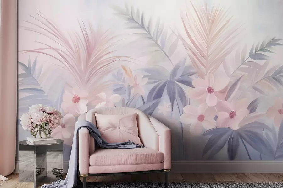 wall murals Тропско цвеће и палмино лишће у пригушеним нијансама плаве и ружичасте, стил сликања w09832