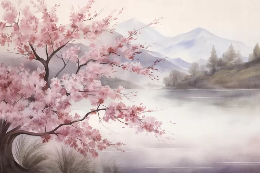 wall murals Пејзажна уметност, дрво са ружичастим цветовима, језеро и магловите планине у позадини w09870
