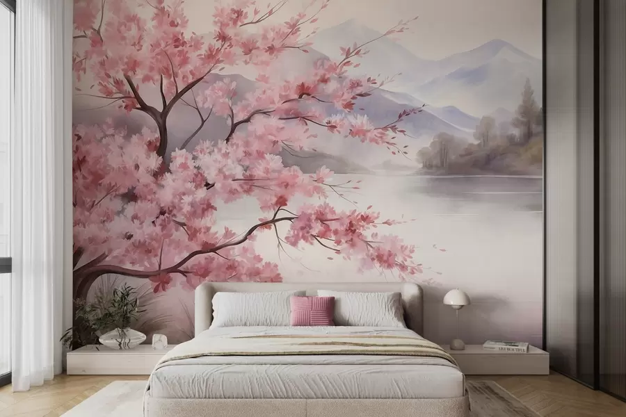 wall murals Пејзажна уметност, дрво са ружичастим цветовима, језеро и магловите планине у позадини w09870