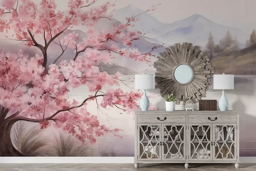 wall murals Пејзажна уметност, дрво са ружичастим цветовима, језеро и магловите планине у позадини w09870