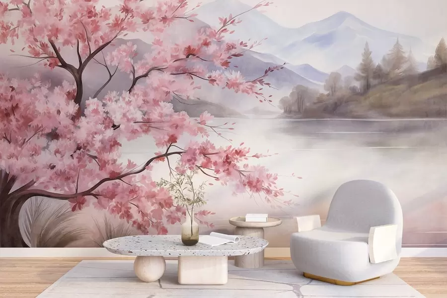 wall murals Пејзажна уметност, дрво са ружичастим цветовима, језеро и магловите планине у позадини w09870