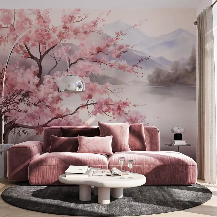 wall murals Пејзажна уметност, дрво са ружичастим цветовима, језеро и магловите планине у позадини w09870