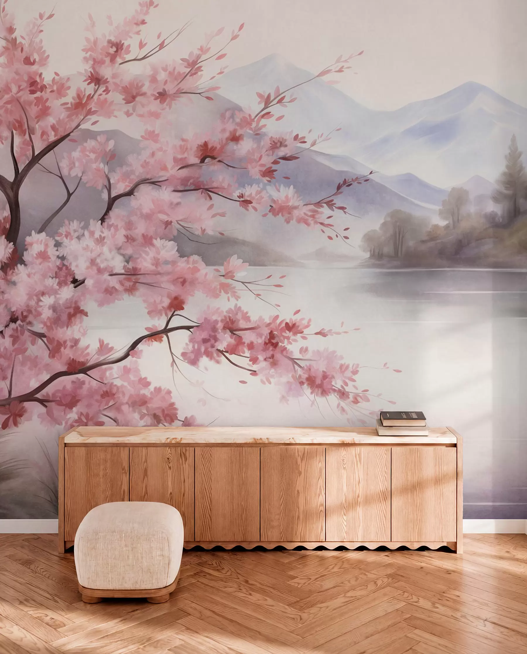wall murals Пејзажна уметност, дрво са ружичастим цветовима, језеро и магловите планине у позадини w09870