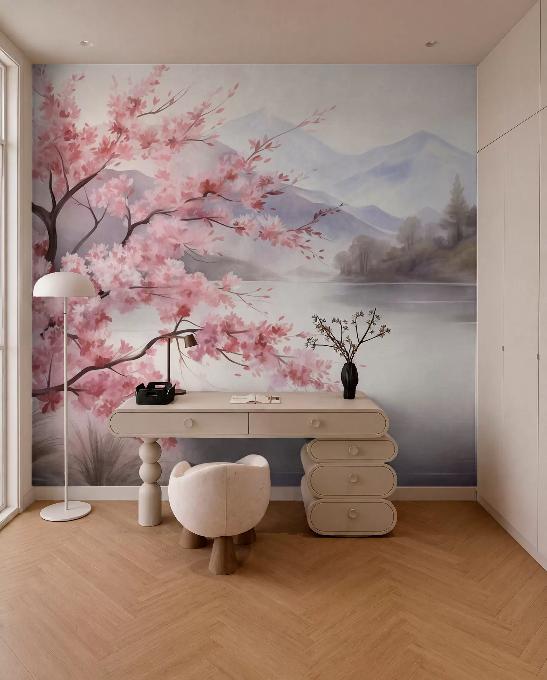 wall murals Пејзажна уметност, дрво са ружичастим цветовима, језеро и магловите планине у позадини w09870