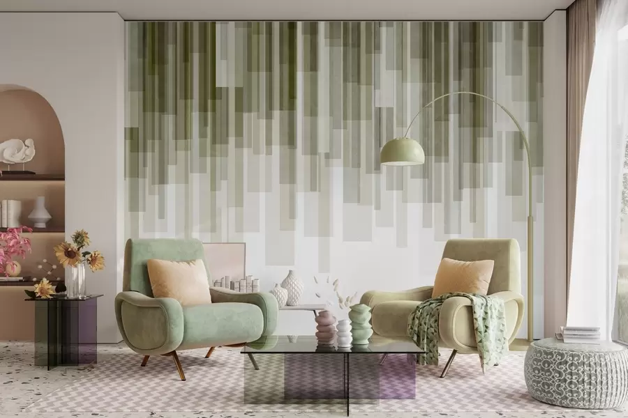 wall murals Текстурирани вертикални правоугаоници различите транспарентности и нијанси зелене, апстрактна уметност w09889