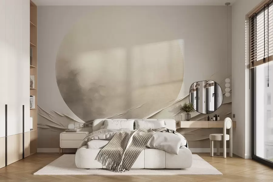 wall murals Апстрактни, таласасти, кремасти облици са великом, бледом сфером, минималистичка модерна уметност w09895
