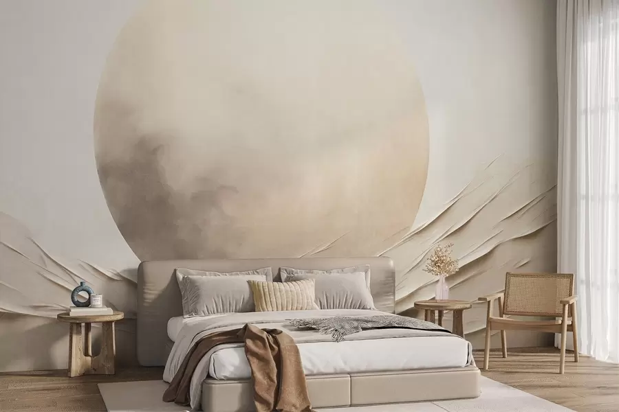 wall murals Апстрактни, таласасти, кремасти облици са великом, бледом сфером, минималистичка модерна уметност w09895