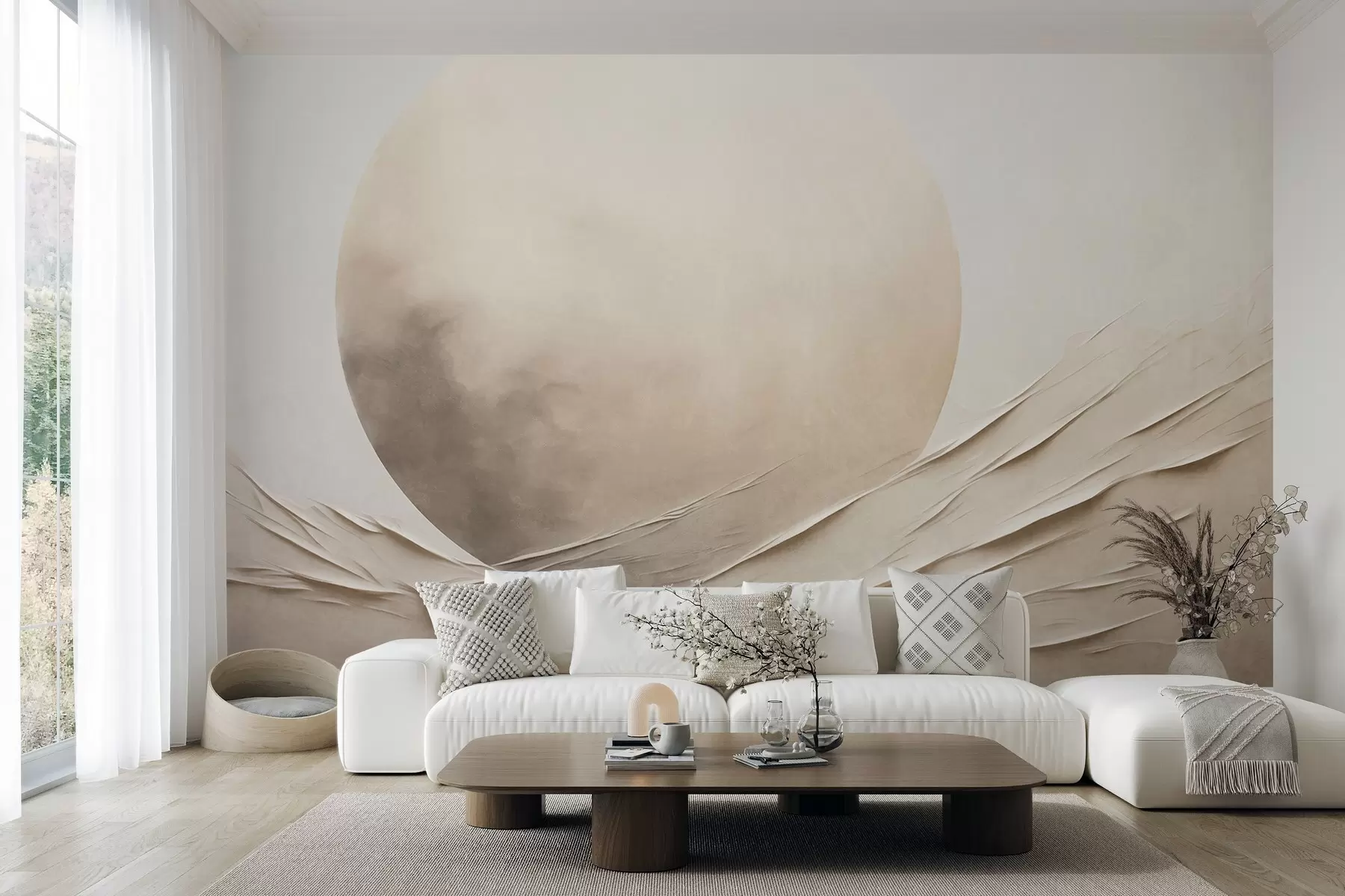 wall murals Апстрактни, таласасти, кремасти облици са великом, бледом сфером, минималистичка модерна уметност w09895