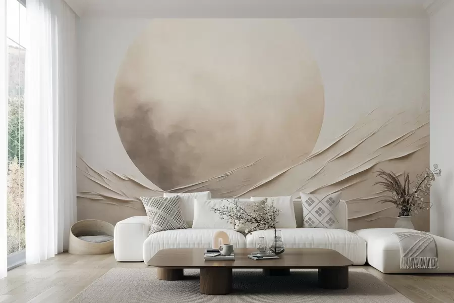 wall murals Апстрактни, таласасти, кремасти облици са великом, бледом сфером, минималистичка модерна уметност w09895