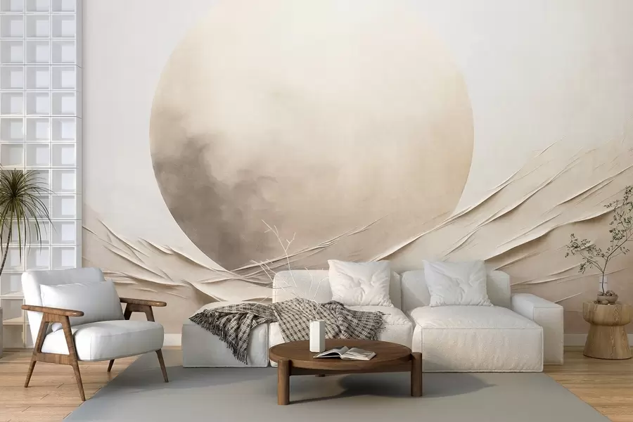 wall murals Апстрактни, таласасти, кремасти облици са великом, бледом сфером, минималистичка модерна уметност w09895