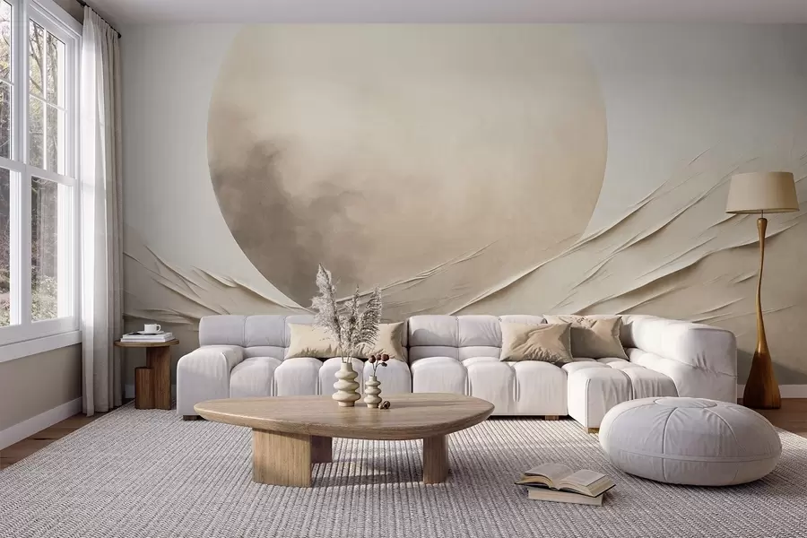 wall murals Апстрактни, таласасти, кремасти облици са великом, бледом сфером, минималистичка модерна уметност w09895