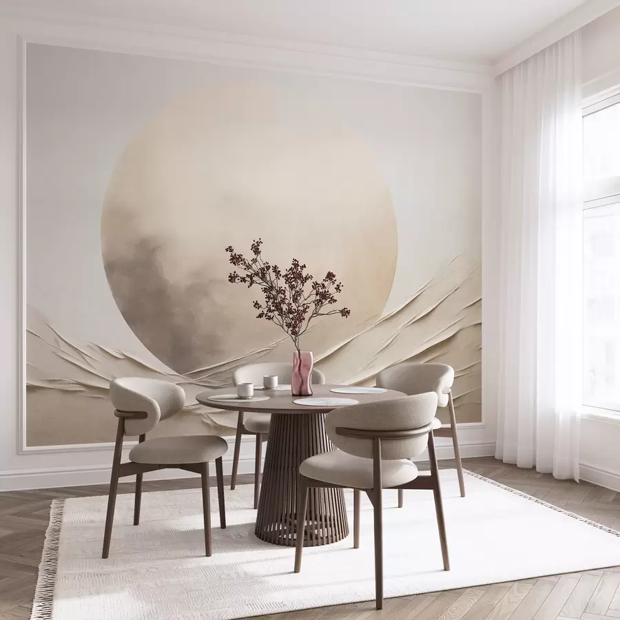 wall murals Апстрактни, таласасти, кремасти облици са великом, бледом сфером, минималистичка модерна уметност w09895