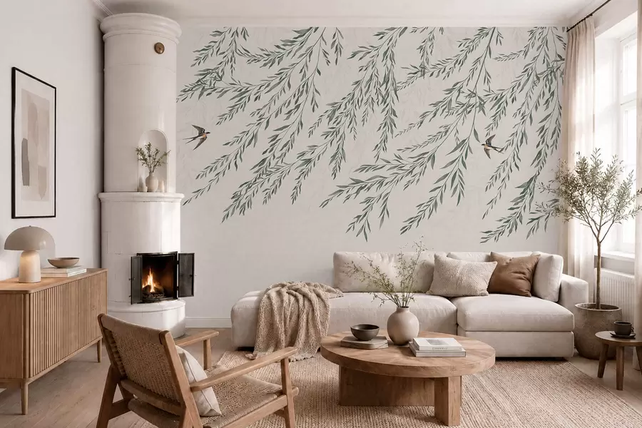 wall murals Зелене гране и птице на светлој позадини w05630