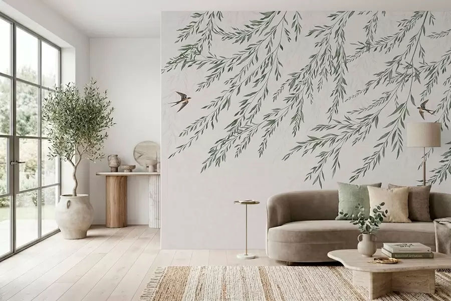 wall murals Зелене гране и птице на светлој позадини w05630