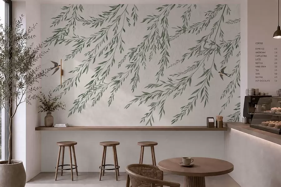 wall murals Зелене гране и птице на светлој позадини w05630