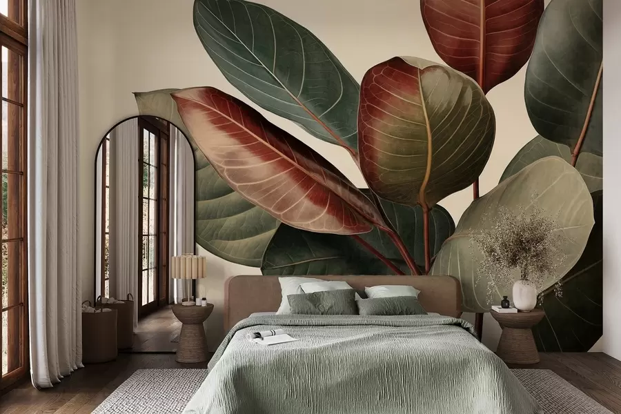wall murals Текстурирани велики, шарени листови у нијансама зелене, црвене и браон боје на светлој позадини w09891