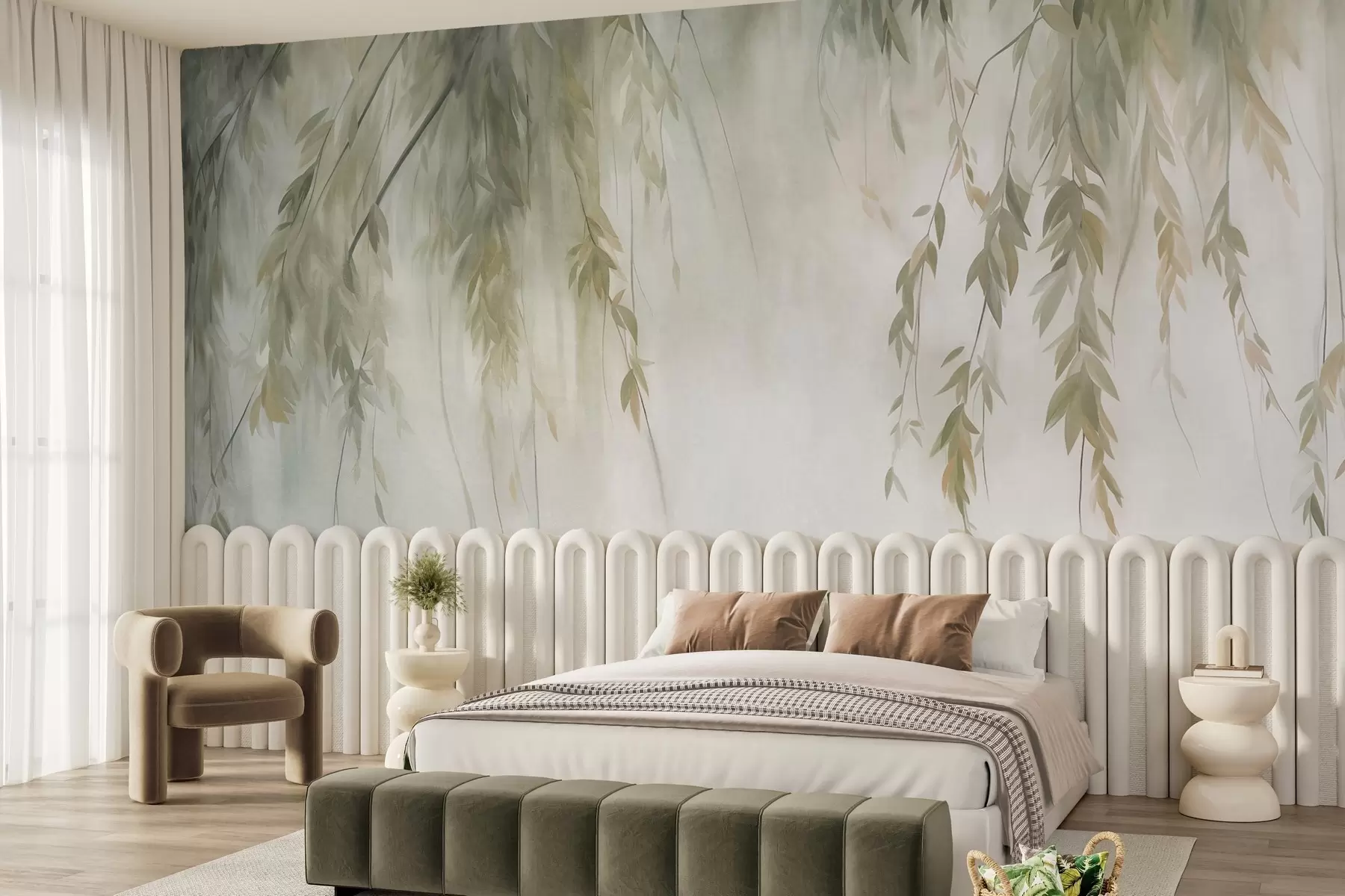wall murals Гране врбе са бледозеленим листовима које висе на пригушеној позадини у акварелном стилу w09893