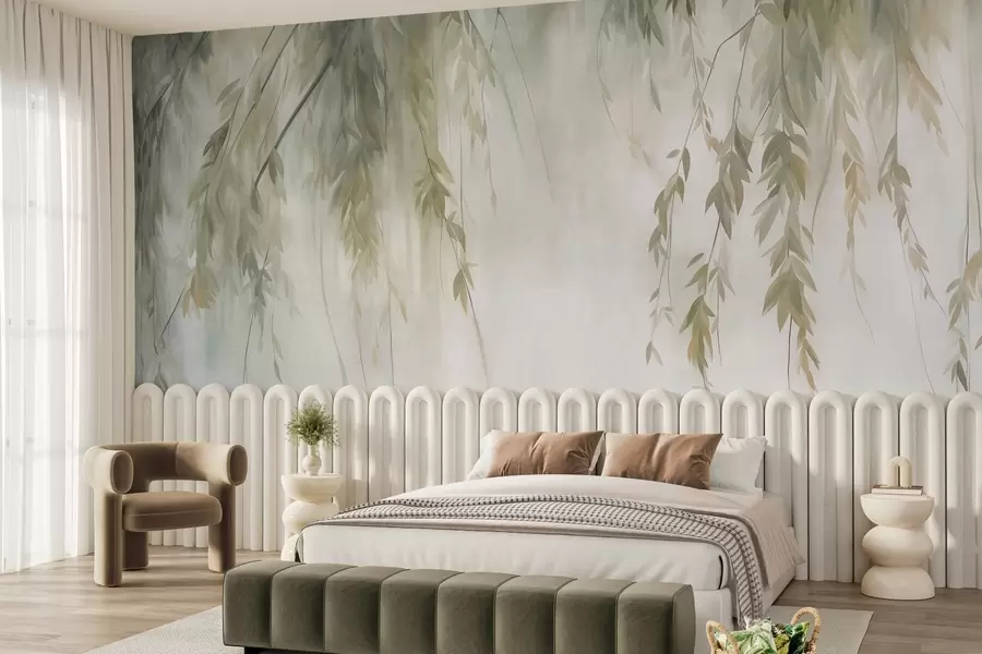 wall murals Гране врбе са бледозеленим листовима које висе на пригушеној позадини у акварелном стилу w09893