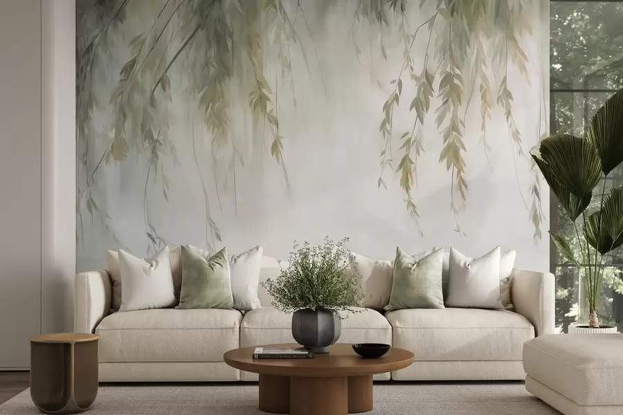 wall murals Гране врбе са бледозеленим листовима које висе на пригушеној позадини у акварелном стилу w09893