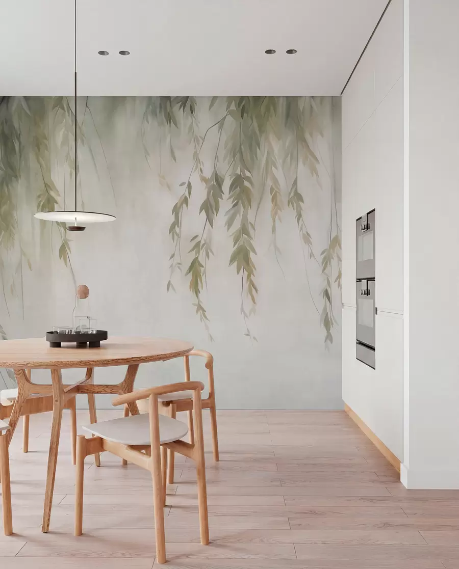 wall murals Гране врбе са бледозеленим листовима које висе на пригушеној позадини у акварелном стилу w09893