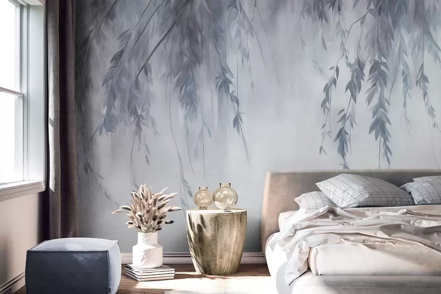 wall murals Гране врбе са бледоплавим листовима које висе на пригушеној позадини у акварелном стилу w09893v2