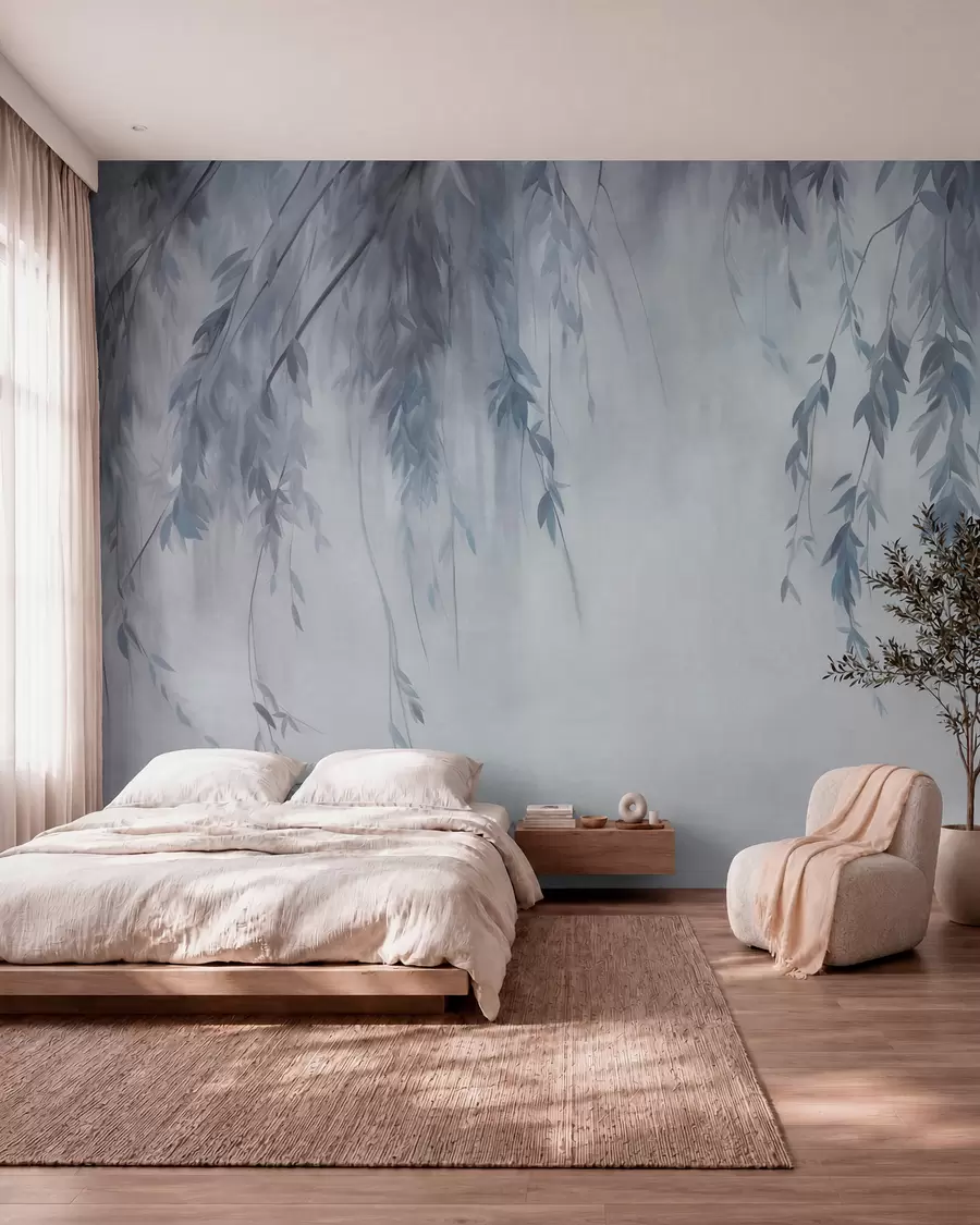 wall murals Гране врбе са бледоплавим листовима које висе на пригушеној позадини у акварелном стилу w09893v2