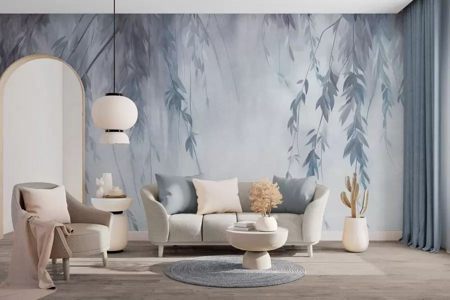 wall murals Гране врбе са бледоплавим листовима које висе на пригушеној позадини у акварелном стилу w09893v2