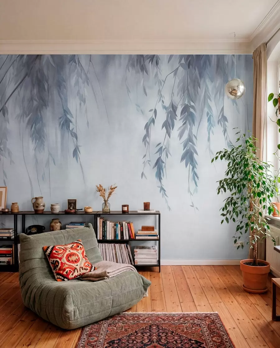 wall murals Гране врбе са бледоплавим листовима које висе на пригушеној позадини у акварелном стилу w09893v2