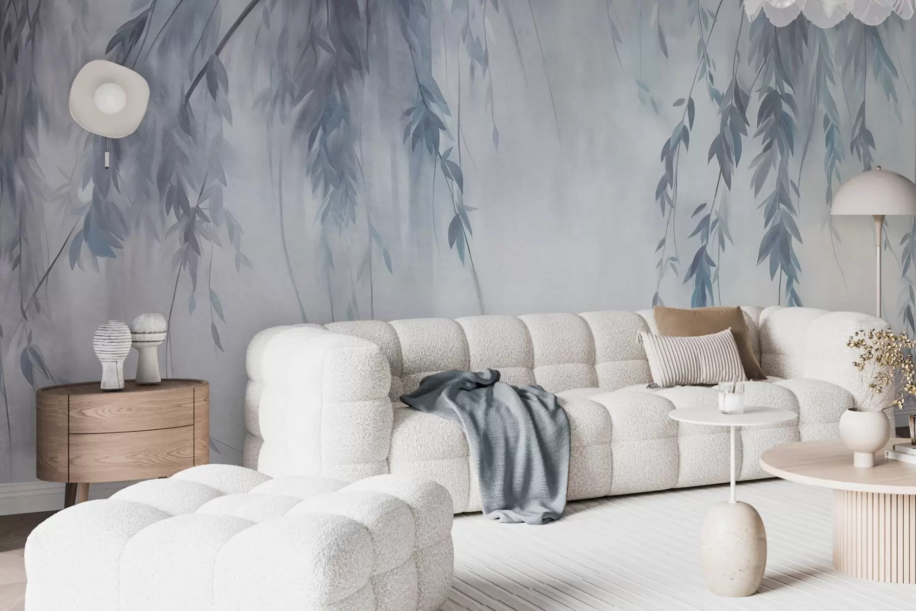 wall murals Гране врбе са бледоплавим листовима које висе на пригушеној позадини у акварелном стилу w09893v2