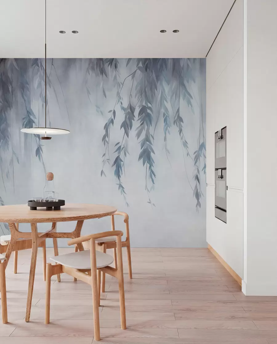 wall murals Гране врбе са бледоплавим листовима које висе на пригушеној позадини у акварелном стилу w09893v2