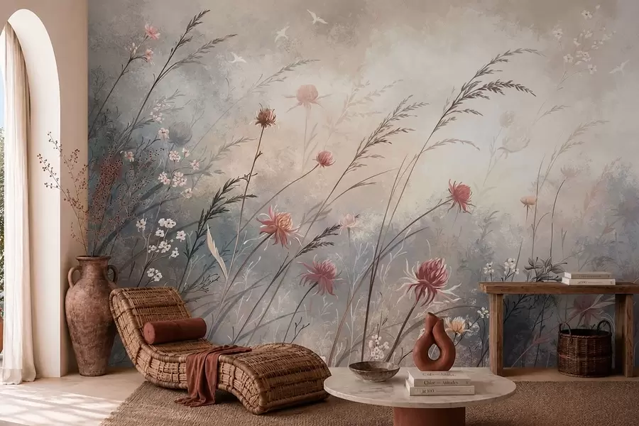 wall murals Нежно дивље цвеће у магловитом пастелном пејзажу w05538