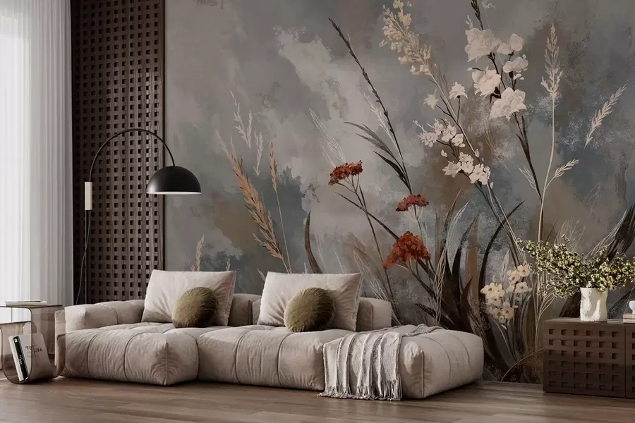 wall murals Ливадске траве и цвеће на сивој уметничкој позадини w05539v1