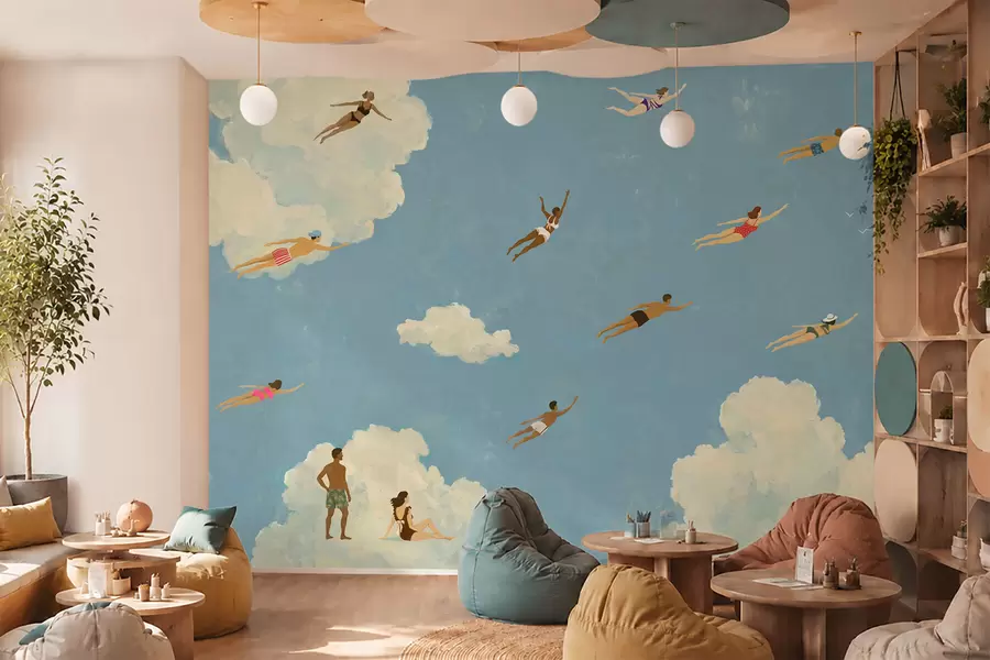 wall murals Људи лебде међу облацима на плавом небу w05628