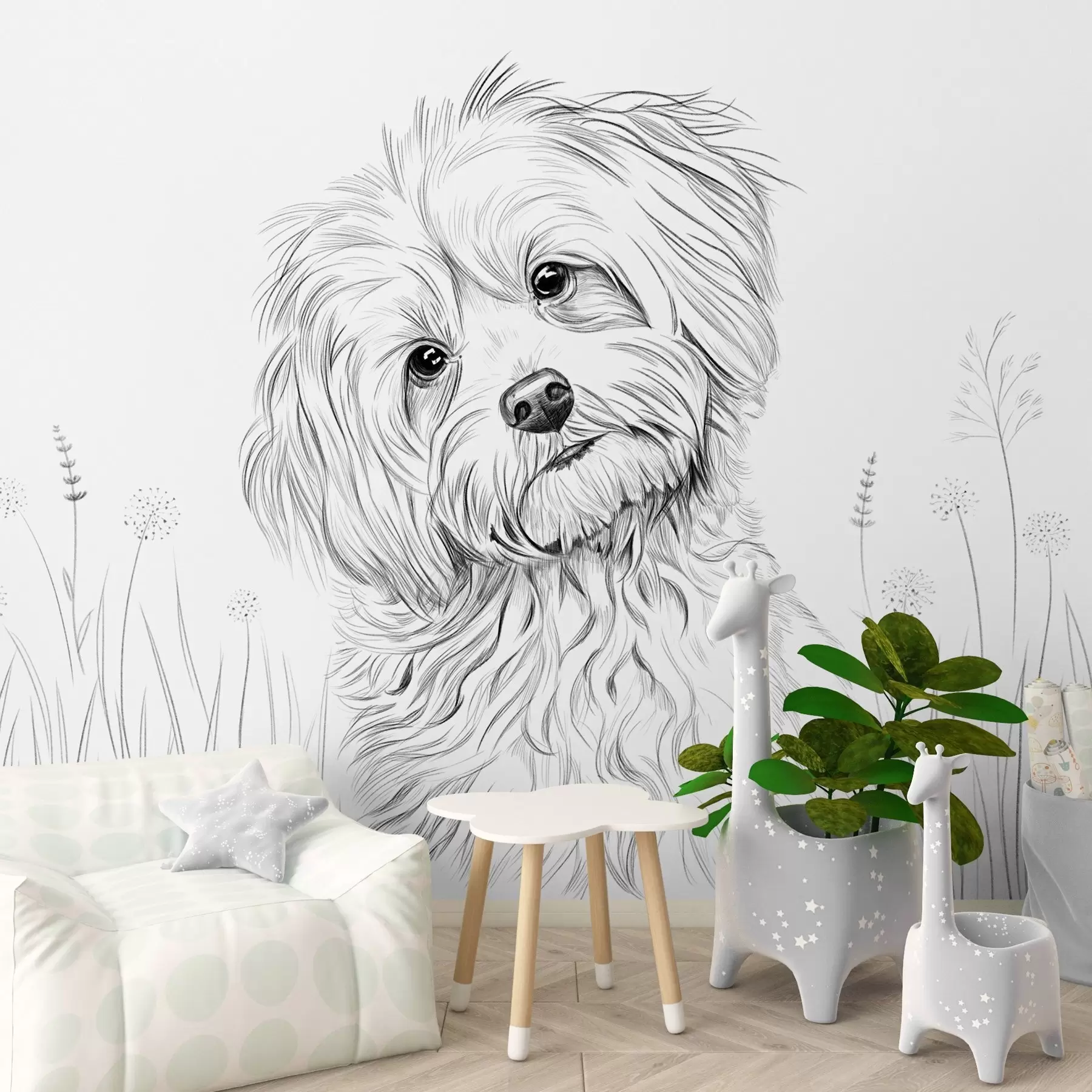 wall murals Слатки цртеж пса у трави w05656