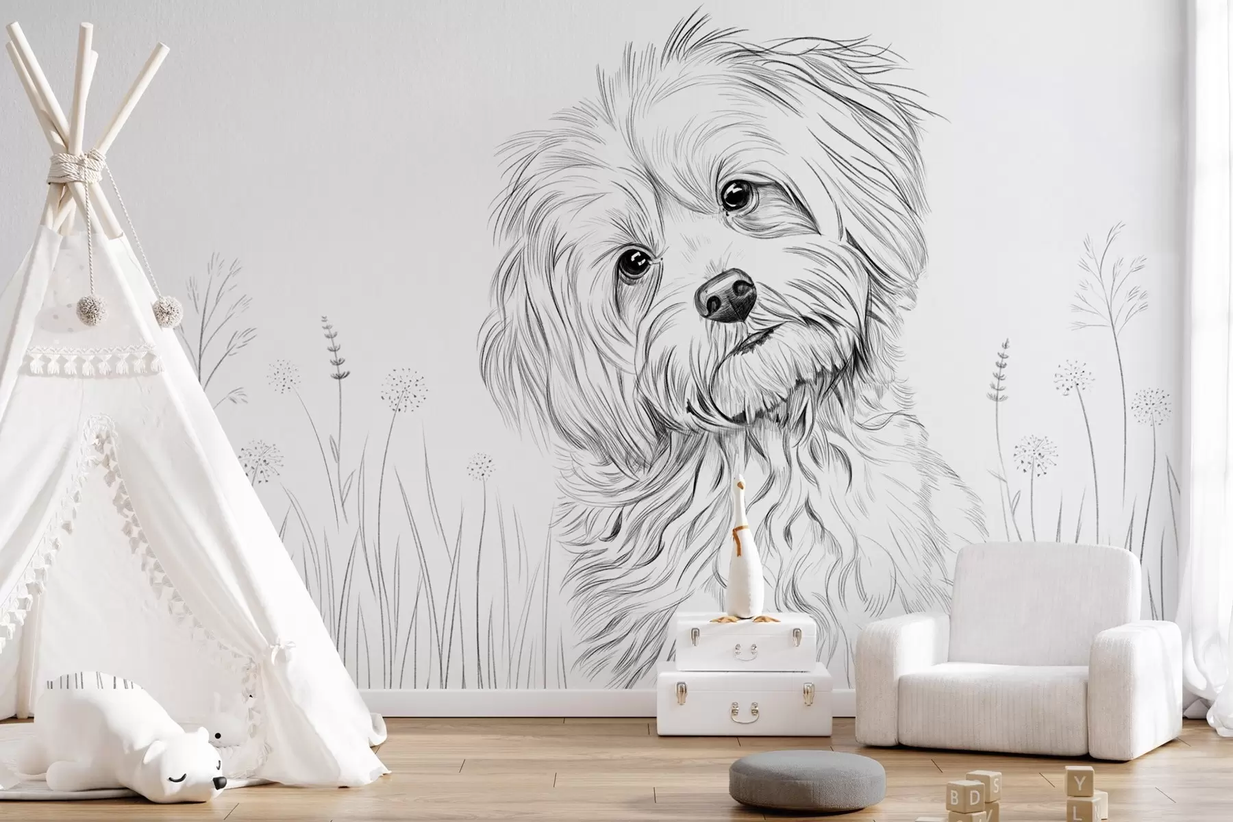 wall murals Слатки цртеж пса у трави w05656