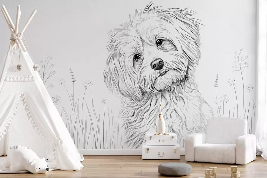 wall murals Слатки цртеж пса у трави w05656
