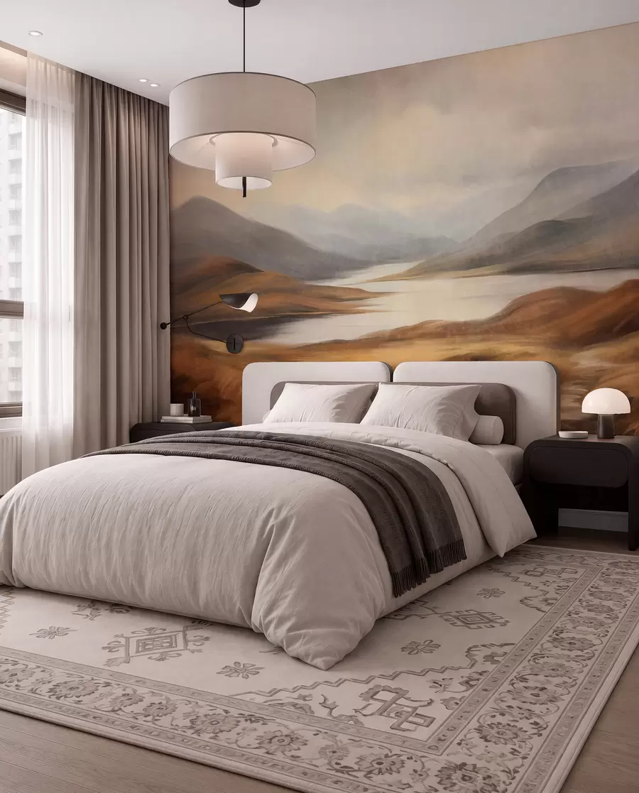 wall murals Текстурирани пејзаж, језеро окружено брдима и планинама под облачним небом са сувом травом w09756