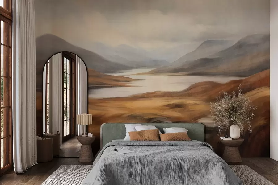 wall murals Текстурирани пејзаж, језеро окружено брдима и планинама под облачним небом са сувом травом w09756