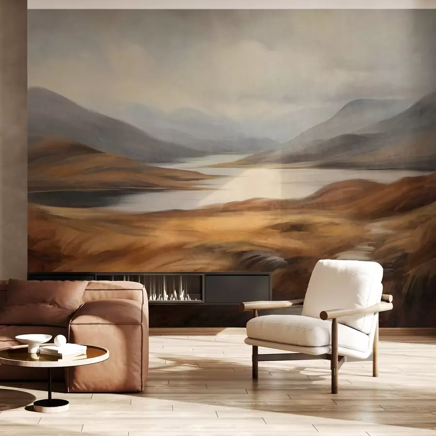 wall murals Текстурирани пејзаж, језеро окружено брдима и планинама под облачним небом са сувом травом w09756