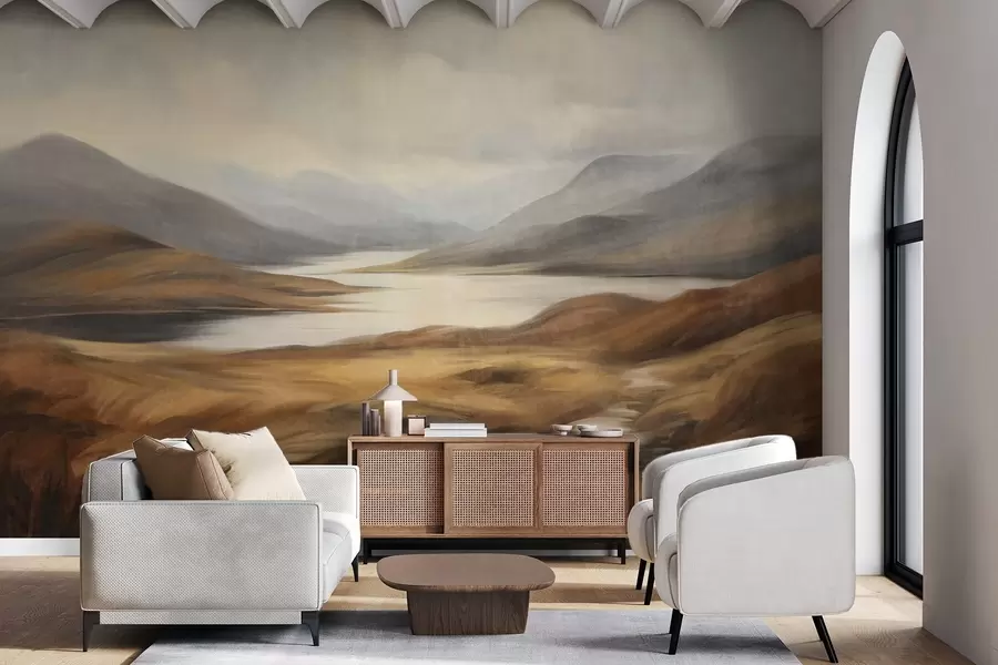 wall murals Текстурирани пејзаж, језеро окружено брдима и планинама под облачним небом са сувом травом w09756