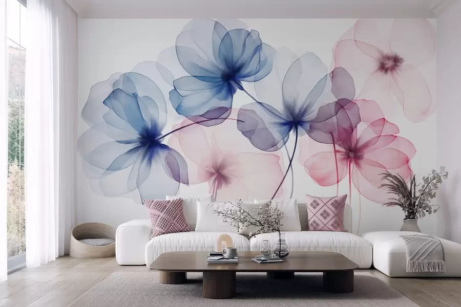 wall murals Прозирно текстурирано плаво и ружичасто цвеће на светлој позадини, нежне латице се преклапају w09892