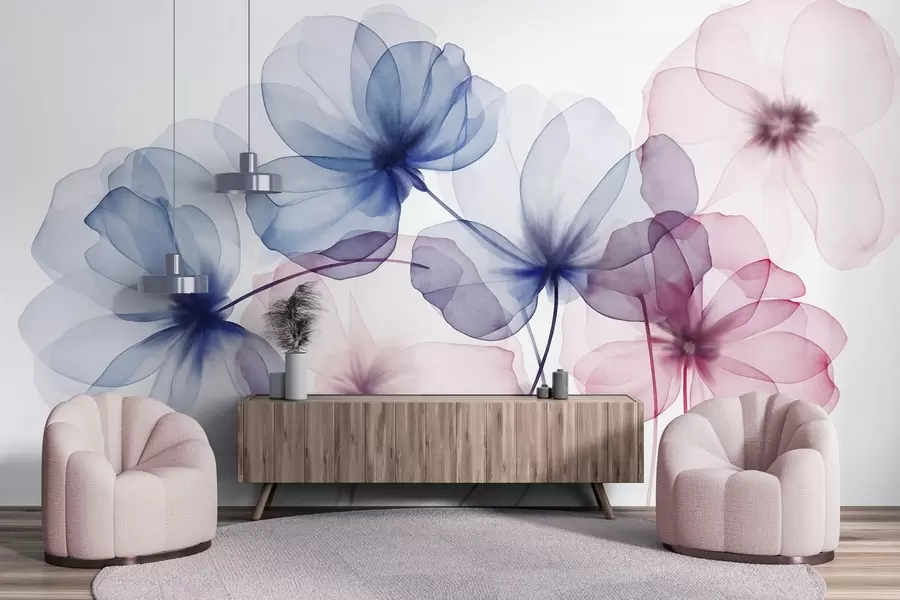 wall murals Прозирно текстурирано плаво и ружичасто цвеће на светлој позадини, нежне латице се преклапају w09892