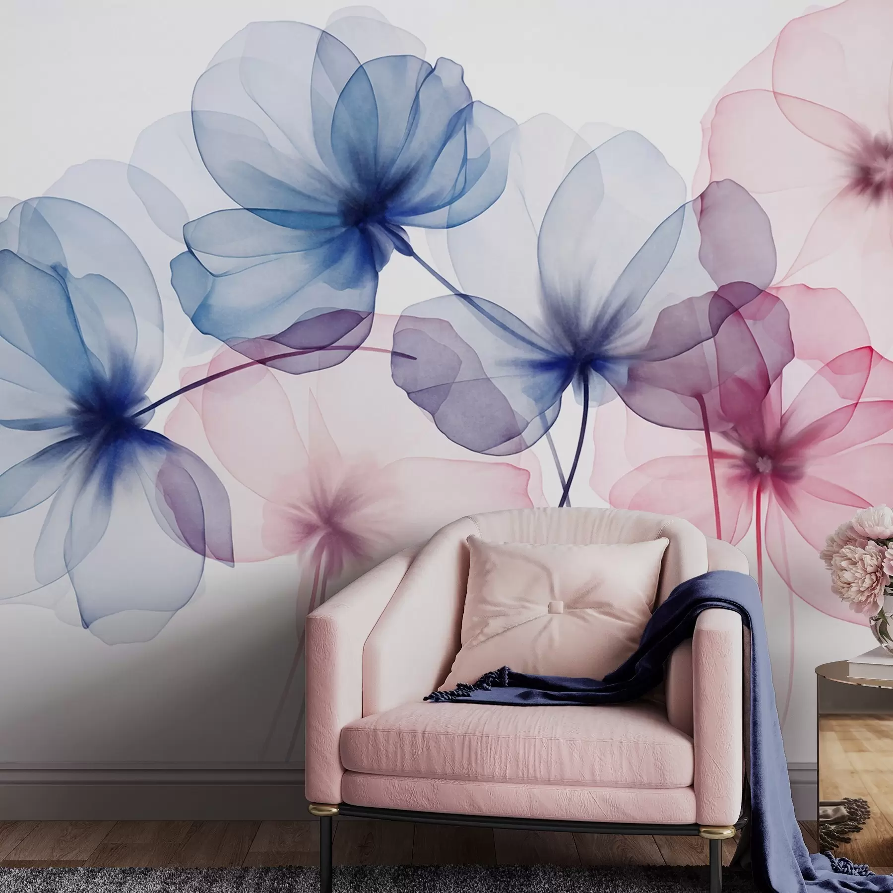 wall murals Прозирно текстурирано плаво и ружичасто цвеће на светлој позадини, нежне латице се преклапају w09892