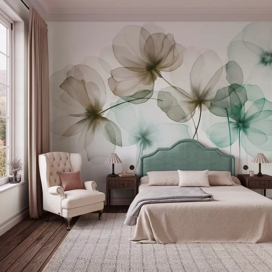 wall murals Прозирно текстурирано зелено и смеђе цвеће на светлој позадини, нежне латице се преклапају w09892v1