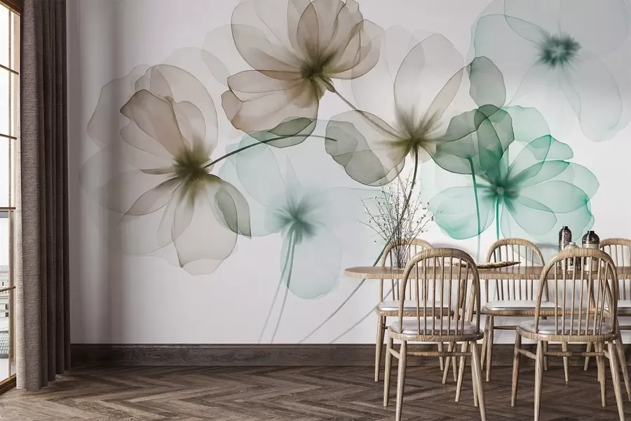 wall murals Прозирно текстурирано зелено и смеђе цвеће на светлој позадини, нежне латице се преклапају w09892v1