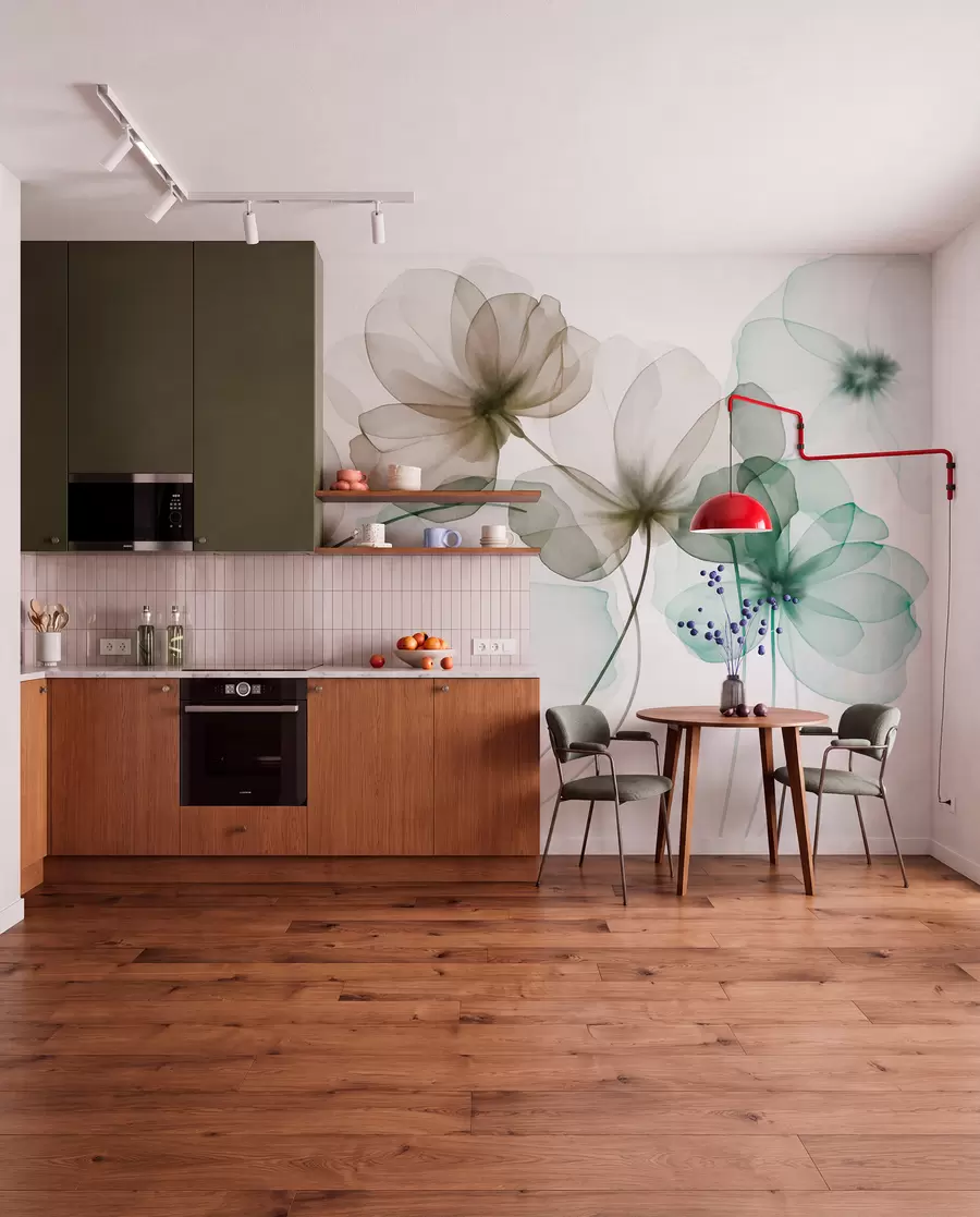 wall murals Прозирно текстурирано зелено и смеђе цвеће на светлој позадини, нежне латице се преклапају w09892v1