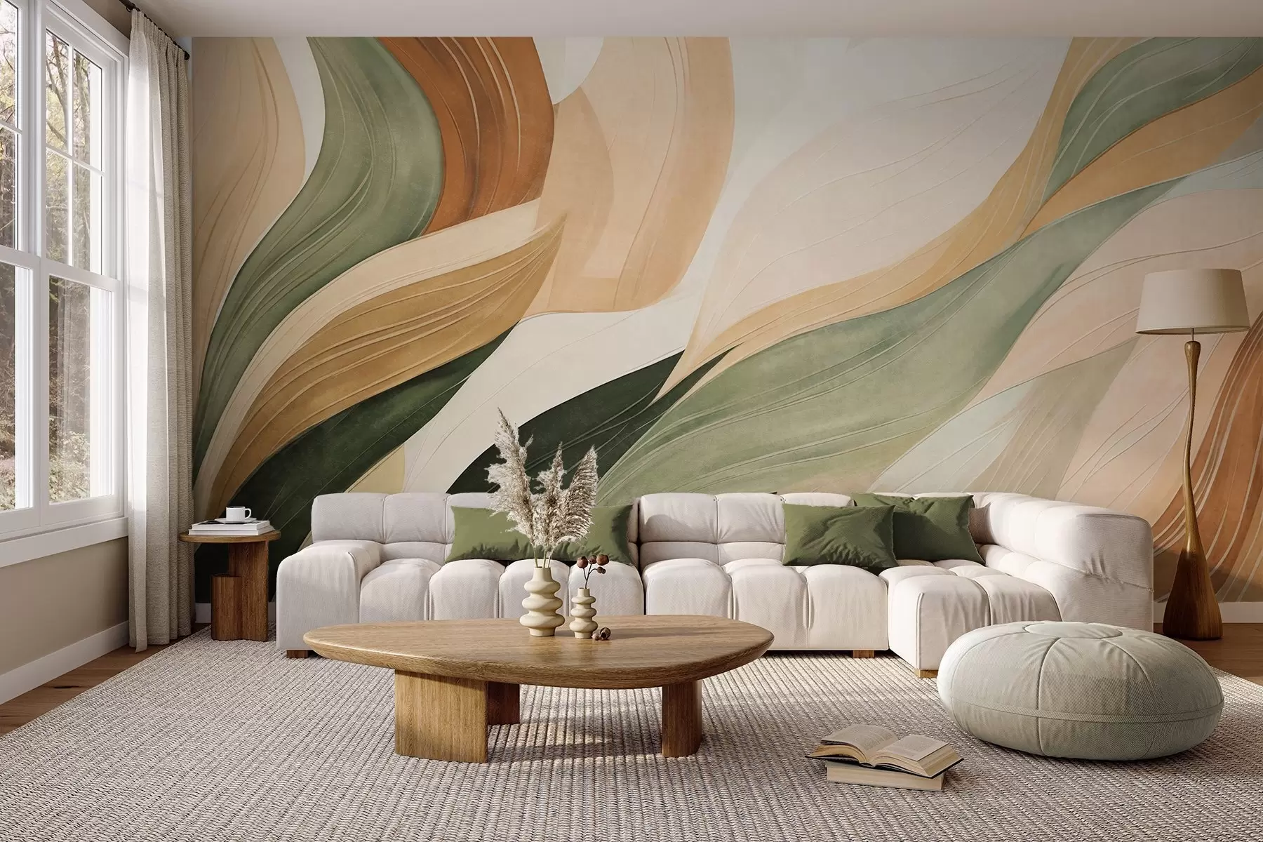 wall murals Апстрактни органски облици у земљаним тоновима зелене, браон и беж боје са текућим текстурама w09894