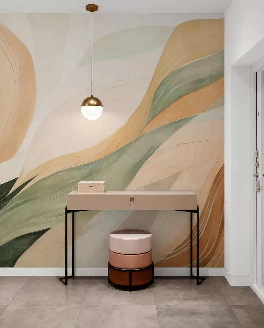 wall murals Апстрактни органски облици у земљаним тоновима зелене, браон и беж боје са текућим текстурама w09894